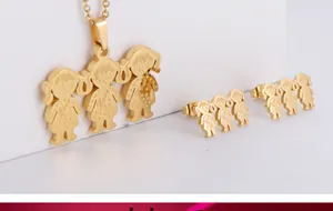 Detailed view of three girls silhouette pendant and earring set in gold-tone finish