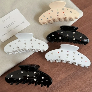 Set of 5 large acetate hair claws with rhinestones in beige, white and black colors
