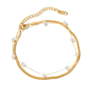 18K gold-plated stainless steel double-layer snake chain bracelet with shell beads