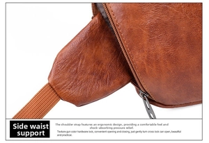 Détail du sac en cuir marron montrant le rembourrage latéral et la fermeture en métal