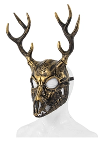 Close-up of bronze deer skull mask with antlers and sun totem for Halloween COS