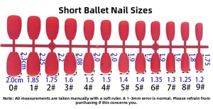 Größentabelle für kurze Ballerina-Kunstnägel mit 10 verschiedenen Abmessungen