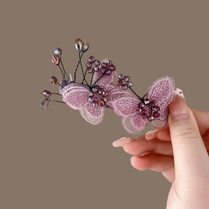 Élégante Pince à Cheveux Double Papillon Brodé Violet en Maille Avec Strass et Perle Artificielle pour Femme Accessoires de Cheveux