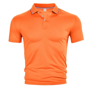 Front view of bright orange men's short sleeve polo shirt in 100% polyester fabric