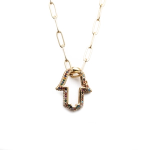 Gold Hamsa hand pendant necklace with colorful crystals on a paperclip style chain