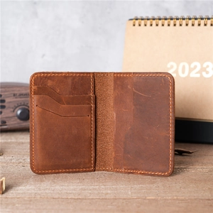 Genuine Crazy Horse Leather Card Holder Slim Vintage Folding Cowhide Wallet Unisex Retro Style Multi Slots