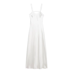 Detail of pearl white satin midi dress showing silky texture and elegant drape
