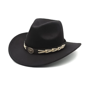 Classic black felt cowboy hat with silver bull head emblem and decorative band