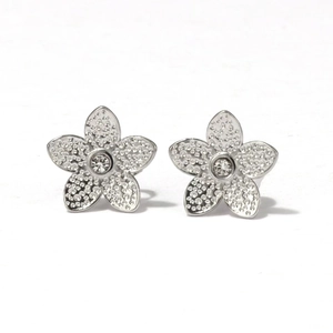 Silver sunflower stud earrings in titanium steel with textured petals and center zircon