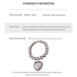 Detailed spec card for rhinestone heart necklace showing weight 54.3g and alloy material
