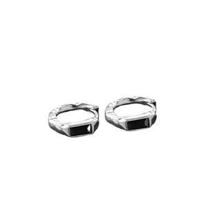 Silver hoop earrings for men and women featuring a minimalist black rectangular gemstone inlay