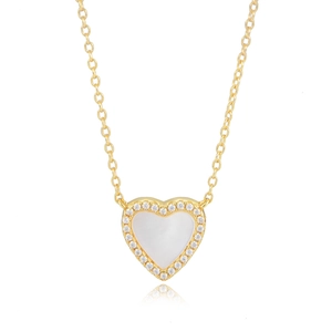 S925 silver heart pendant necklace with white shell inlay and zircon accents