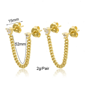 Elegant gold chain stud earrings with sparkling cubic zirconia stones and 52mm chain drop