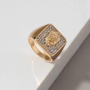 Hip hop lion head signet ring for men in gold finish with micro-pave white crystals