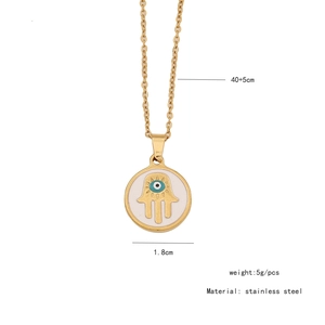 Detailed specs of the gold Hamsa Hand necklace with blue eye charm and dimensions
