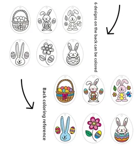 Detail of 6 Easter egg scratch art designs with coloring guide and bunny motifs