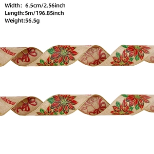 6.5cm Christmas faux linen ribbon with pine cone pattern and gold wire edges for gifts
