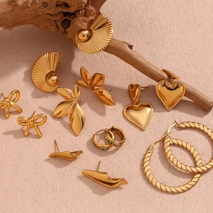 18K Gold Plated Stainless Steel Zirconia Heart Butterfly Leaf Fan Shaped Stud Earrings Set For Women Fashion Jewelry