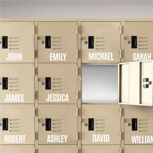 Custom white name stickers on beige metal lockers with bold sans-serif lettering