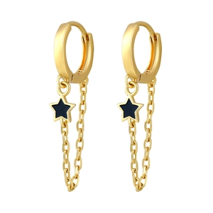 Detail of S925 sterling silver hoop earrings with black star charms and golden chains