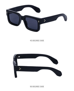 Detailed views of vintage square sunglasses with black frames and dark grey lenses