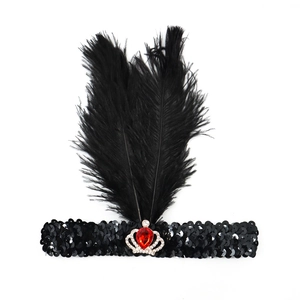 Bandeau à plumes Gatsby des années 1920 avec paillettes noires et couronne de pierre rouge
