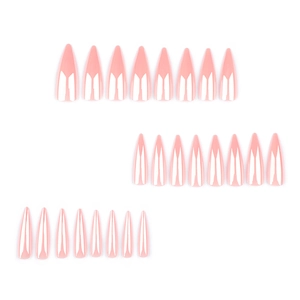 Long stiletto press-on nails in aurora pink pearl finish with 24 pieces set