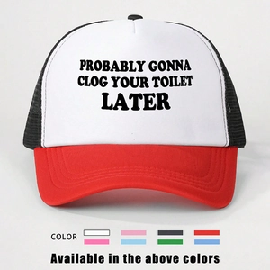 Front view of a mesh trucker hat with humorous slogan and red brim details