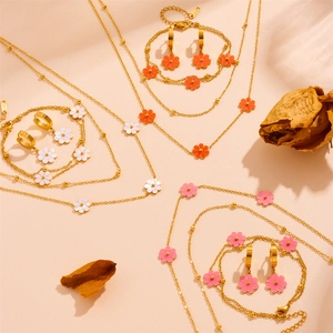 Flower Daisy Stainless Steel Double Layer Necklace Bracelet And Earrings Jewelry Collection For Women