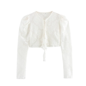 Women White Lace Blouse Long Bubble Sleeve Tie Up Front Tassels Hollow Out Cropped Sweet Top