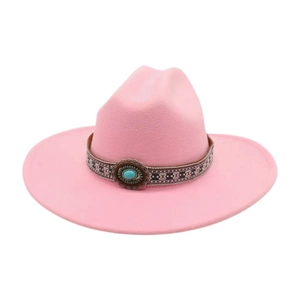 Pink wool felt cowboy hat detail with ethnic embroidery and turquoise stone ornament
