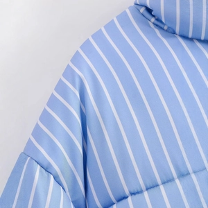 Blue and white striped quilted jacket with stand collar and long sleeves for women