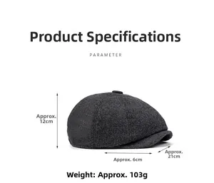 Detail showing dimensions and 103g weight of this wool blend grey newsboy cap