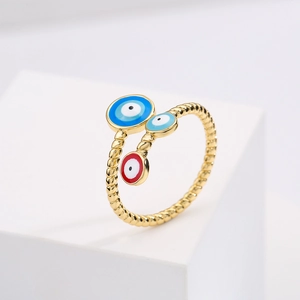 Adjustable gold-plated evil eye ring with twisted rope texture and colorful enamel charms