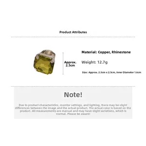 Detail specifications for square olive green rhinestone ring with copper base measurements