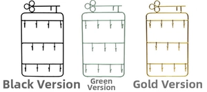 Three-color metal wall-mounted jewelry organizer with 12 hooks in black, green, and gold