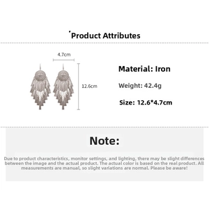 Detailed size specifications of silver ethnic round fringe earrings with metal tassels