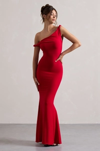 Sleek red one-shoulder bodycon long dress featuring a minimalist mermaid silhouette