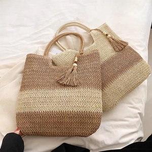 Straw Woven Tote Bag Large Capacity Women Summer Beach Shoulder Handbag With Tassel Wood Bead Casual Simple Style