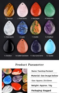 Macro detail of tear drop natural crystal pendants with size 25x33mm dimensions