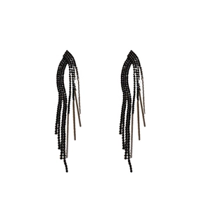 Elegant long black tassel drop earrings featuring bead chains and sleek metal bars