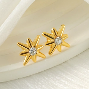 Eight Pointed Star Stud Earrings Stainless Steel 18K Gold Plated Zircon French Vintage Minimalist Jewelry For Women