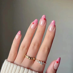 Press On Nails Pink Gradient Red Heart Almond Shape False Nails Long Oval Sweet Fashion Artificial Nails For Women