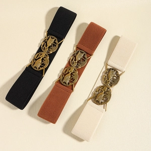 Elastic waist belts in black, brown, and beige with crane buckle for dresses