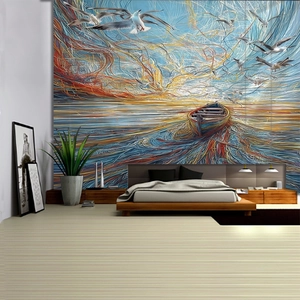 Detailed macro view of abstract fluid wave wall tapestry with boat and seagulls art