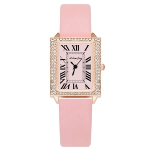 Fashion square quartz watch with pink leather strap and diamond-encrusted rose gold case