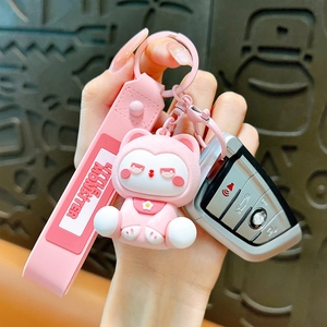 Porte-clés chat floqué rose créatif avec lanière Little Monster pour sacs et voitures