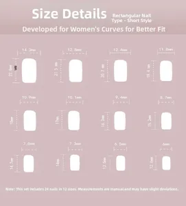 Size chart for floral short square press-on nails including twelve precise measurements