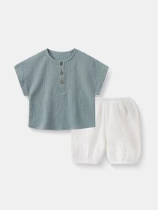 Kids cotton gauze summer lounge set with bean green short sleeve top and white shorts