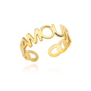 Detailed close-up of 18k gold-plated AMOUR letter ring with polished hollow design